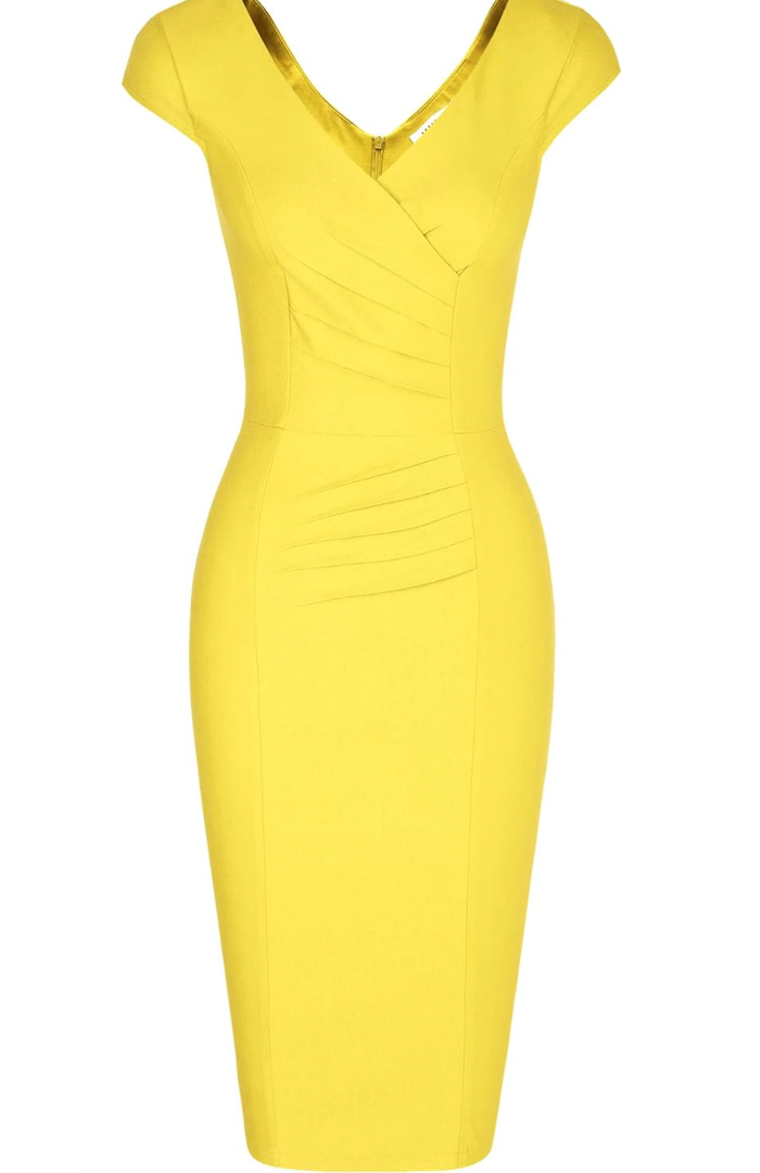 MUXXN Women's 1950's Vintage V Neck Ruched Sheath Formal Pencil Dress, XL