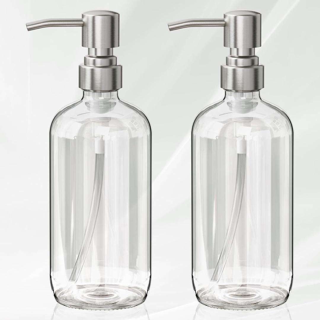 AmazerBath Soap Dispenser, 2 Pack Glass Soap Dispenser with Pump Stainless Steel, 17 Oz Hand Soap Bottles Bathroom Kitchen, Clear