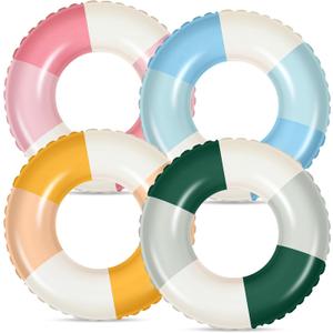 Wettarn Set of 4 Pool Tubes with Fun Prints Inflatable Floats Swimming Toys Classic Striped Inner Tubes for Pool Bachelorette Floaties for Summer Beach Party Decor Supplies(Splicing Style, Age 16)