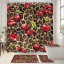 4 PCS Leopard Print Cherry Shower Curtain Set 72Wx72H,Toilet Lid Cover,Non-Slip Rugs and U-Shaped Mat,Cheetah Lips Bathroom Sets with Rugs Shower Accessories 12 Hooks for Bathroom Decor