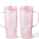 GOSCHE Glass Cups with Lids and Straws, 24oz Glass Tumbler with Straw and Lid, Iced Coffee Cups with Handle for Smoothie Juice Water Tea, Pink, 2 Pack