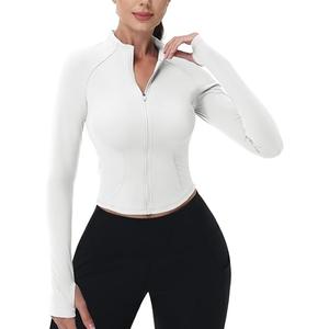 MAGCOMSEN Athletic Light Jackets Women Full Zip Lightweight BBL Jacket Cropped Long Sleeve Workout Tops Fitted Yoga Gym Thumbholes White S