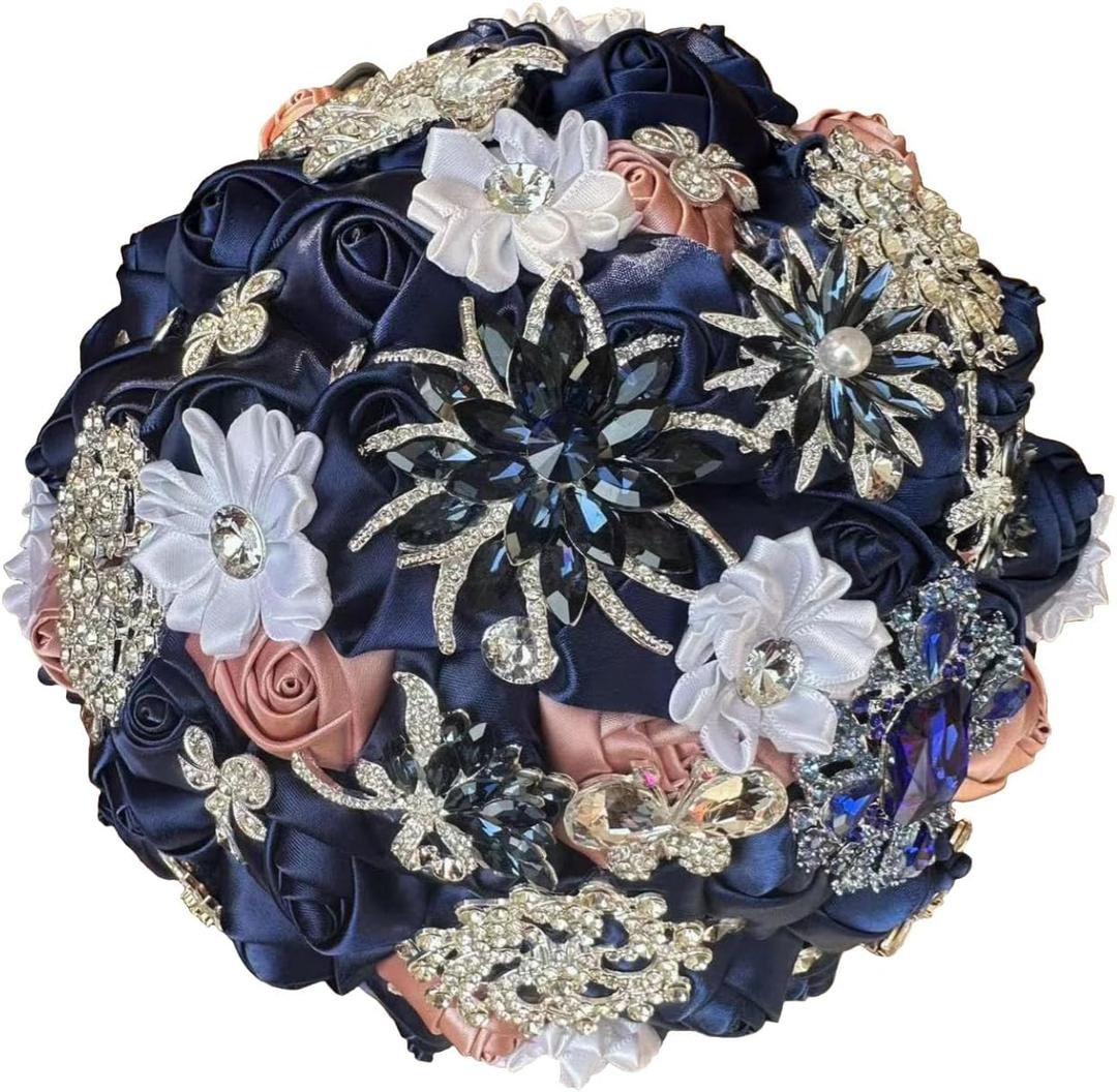 Bridal Wedding Bouquet with Luxury Rhinestone Brooch Bling Bouquet for Bride Bridesmaid Quinceanera Satin Rose Flower Bouquet Wedding Dusty Pink and Navy Blue 8.3in