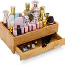 GOBAM Bamboo Makeup Organizer and Storage with Drawer, Wooden Cosmetic Organizer Countertop for Bathroom, Bedroom, Kitchen & Dresser, Desk Organizer with Drawers and Make up Vanity Station - Medium