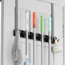 BS-VOG Over the Door Broom and Mop Holder, Broom Hanger, 4 Slots & 4 Hooks | Wooden Broom Holder Door Mount, No Drilling Required, EVA Door Protection Pads, Closet Garage Laundry Use, Black