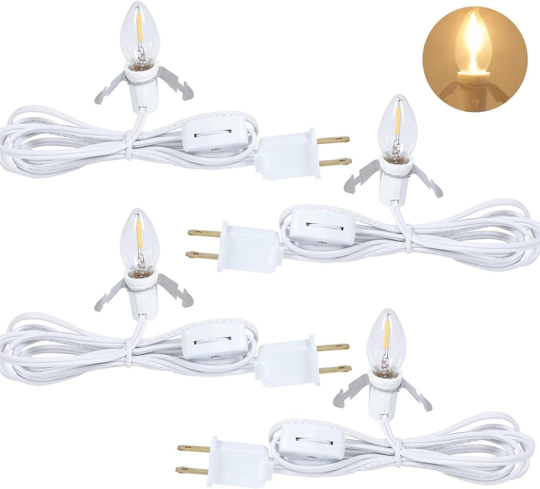 Set of 4 Accessory Light Cord with Single LED Bulb, 6FT Blow Mold Replacement Light Kit, C7 Clip Lights with One Bulb On/Off Switch & 2-Prong Plug for Christmas Village House, Pumpkin, Craft Projects (White 4 Packs)