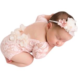 Newborn Lace Romper, 2 PCS Baby Girl Photography Props, Newborn Girl Photography Outfits with Flower Headband for Infants (Pink)