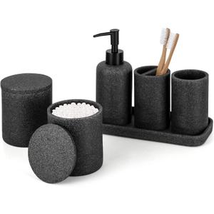 ZCCZ Black Bathroom Accessories Set 6 Pcs- Toothbrush Holder, Lotion Dispenser, 2 Qtip Container, Vanity Tray, Tumbler for Countertop Organizer - Modern Bathroom Decor and Storage Solution (Black Stone)