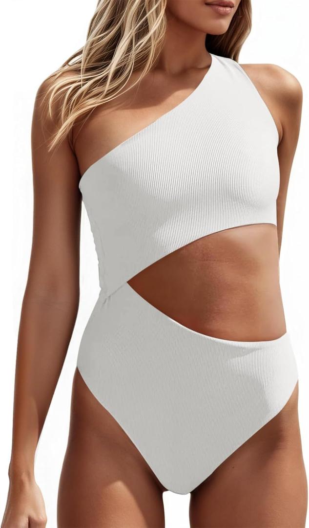 Women's One Piece Ribbed Swimsuit One Shoulder Cutout Swimwear Sexy Bathing Suit (Medium, White) Women's One Piece Ribbed Swimsuit One Shoulder Cutout Swimwear Sexy Bathing Suit (Medium, White)