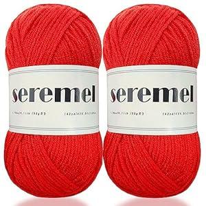 Seremel 4Ply Acrylic Soft Yarn 2 Balls 1Pack, 2 Pcs Crochet Yarn Total 100g (3.4oz) / 260m (280Yds), Crocheting/ Knitting #4 Medium Yarns, Worsted Beautiful Color (Hot Red)