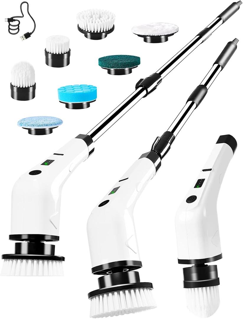 Electric Spin Scrubber, Dual Speed Power Scrubber with 7 Brush Heads, Lightweight Cordless Cleaning Brush, Shower Scrubber with Adjustable Extension Handle, IPX7 Waterproof for Bathtub Floor Tile