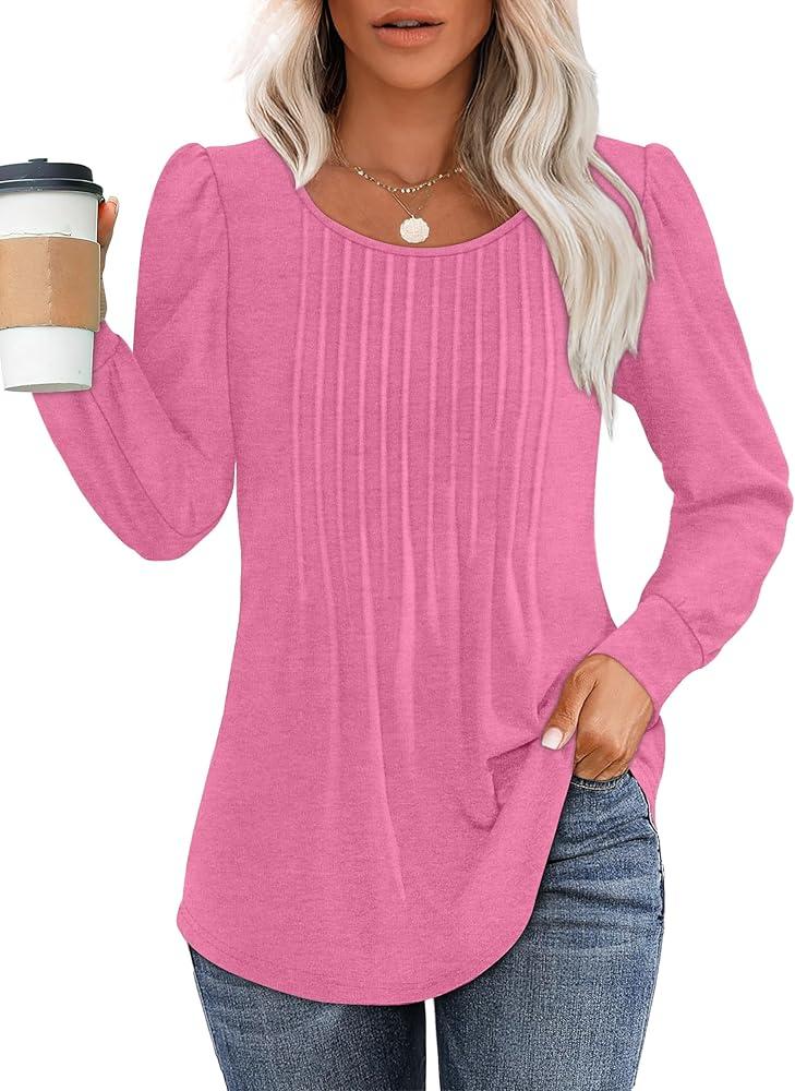 OFEEFAN Long Sleeve Shirts for Women Fall Tops Dressy Casual Blouses Pleated Scooped Neck Tunic Tops for Leggings XL