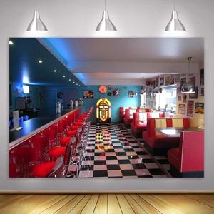 7x5ft 50s Retro Classic Restaurant Background Soda Shop Meal Time Music Stage Carnival Prom Party Background Banner Picture Child Birthday Shower Backdrop Decor BJHXME286