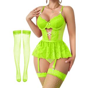 Lilosy Sexy Stocking Rhinestones Heart Garter Underwire Floral Mesh lace Sheer Babydoll Lingerie Teddy Bodysuit Skirt Set (Green, XL)
