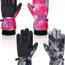 Geyoga 2 Pairs Kids Ski Gloves Waterproof Winter Mittens Warm Gloves Snow Mittens for Children (10 - 15 Years, Black and Rose Red)