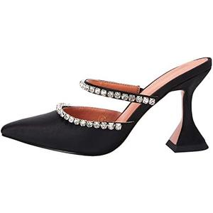VETASTE Women's Pointed Toe Strappy Heels Crystal Satin Heeled Mules Wedding Party Shoes,Black, 6.5
