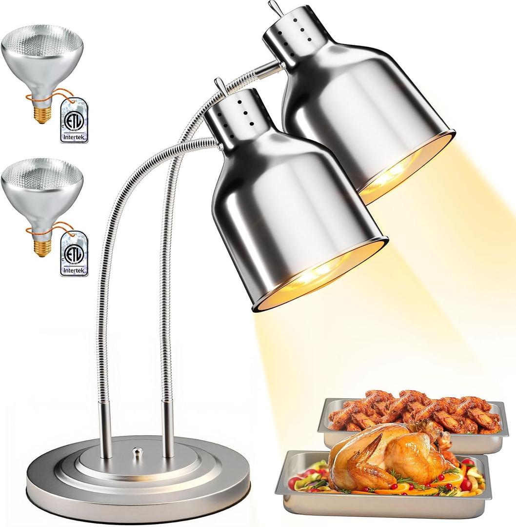 PYY Commercial Food Warmer - 2-Head Electric Heating Lamp 500W Stainless Steel Food Warmer Lamp Catering Food Warming Lamp w/Spare Bulb for Catering Kitchen Food Service Restaurant Cafeteria