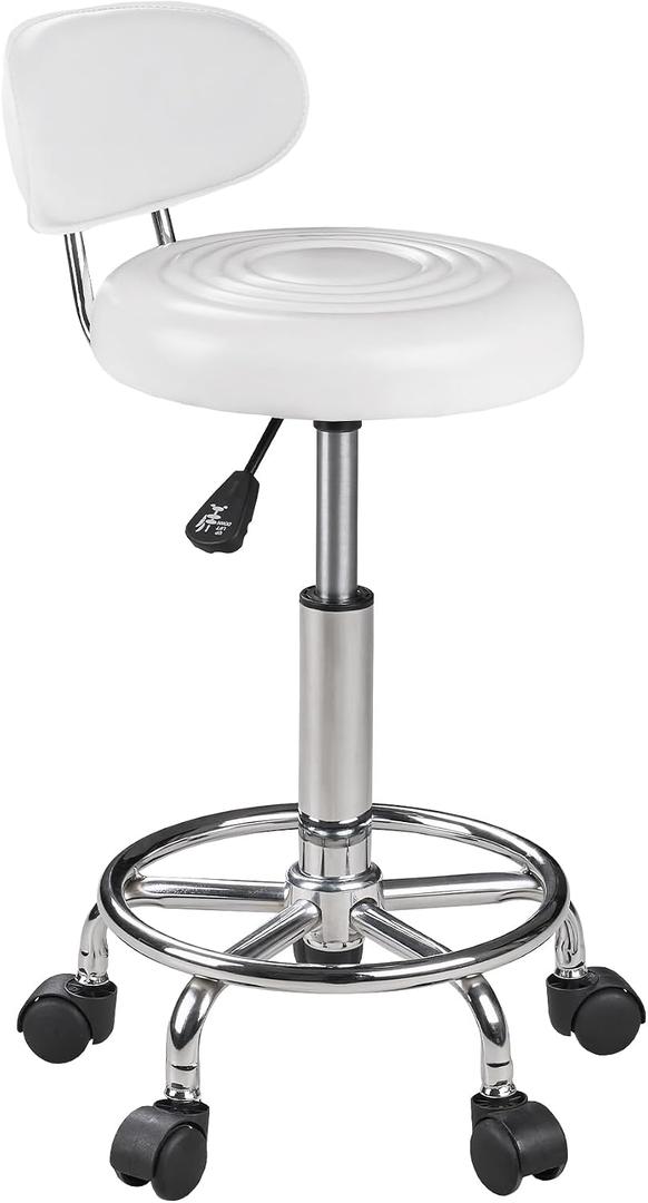 VECELO Adjustable Rolling Salon Stool with Backrest & Footrest, 330 LBS Heavy Duty Hydraulic Stool Chair, Swivel Drafting Chair with Wheels for Spa, Tattoo, Office, White