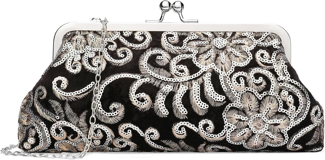 RNIEGA Clutch Purse for Women Floral Embroidery Sequin Evening Bags Elegant Kiss Lock Wedding Party Cocktail