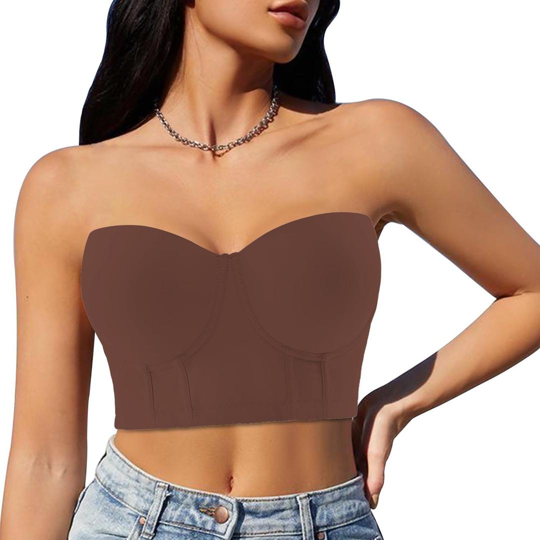 Women Longline Strapless Push Up Full Coverage Underwire Deep Cup Smoothing Bra (Chocolate Brown)