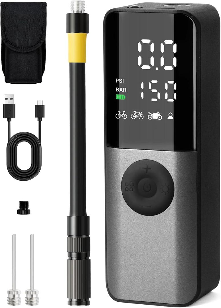 Bike Electric Air Pump: 150Psi Portable Bicycle Tire Pump with Digital Pressure Gauge for Road Bike, Mountain Bike, E-Bike, Motorcycle with Presta, Schrader, Dunlop Valve Accessories (Black and Gray)