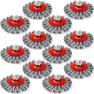 Tioncy 12 Pack Wire Wheel for Angle Grinder, for 4-1/2" Angle Grinder with 5/8"-11 Arbor, Heavy Duty Carbon Brushes for Rust Removal Heavy Cleaning Polishing(Red,Knotted Wire Wheel Brush)