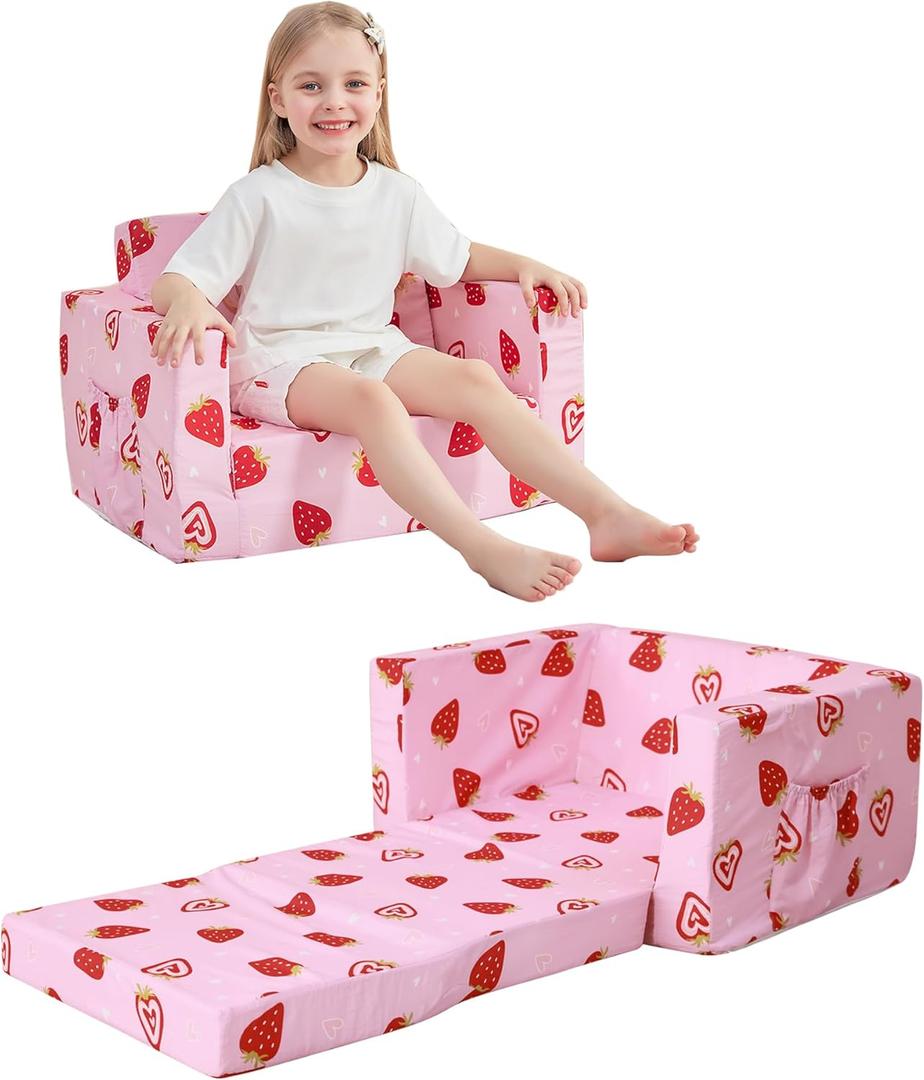 Kids Sofa for Toddler, 2-in-1 Toddler Couch Fold Out, Convertible Sofa to Lounger Bed for Girls and Boys, with Removable Cover & Double Pockets - Pink Strawberry