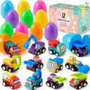 JOYIN 12 Pcs Easter Eggs Filled with Toy Cars, Colorful Prefilled Pull Back Construction Vehicle, and Race Car for Kids Boys Hunt, Basket Stuffers, Party Favors, Classroom Prize