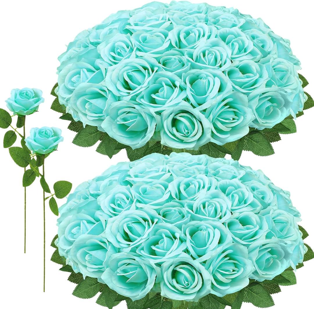 72 Pcs Artificial Roses Turquoise Fake Silk Roses Realistic Roses Faux Flower Indoor Wedding Home Decor, Birthday Decorations