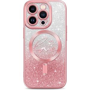 Hython for iPhone 13 Pro Case Glitter, Clear Magnetic Phone Cases with Luxury Love Heart Pattern [Compatible with MagSafe] Bling Sparkle Plating Soft TPU Slim Shockproof Protective Cover Women, Pink