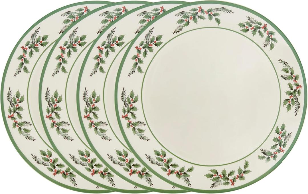 Spode Christmas Tree Holly Dinner Plates, Set of 4-10 Inch Stoneware with White Center & Holly Accents - Festive Holiday Tableware, Microwave, Dishwasher & Freezer Safe, Seasonal Dining Essentials
