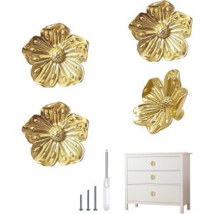 Gold Dresser knobs, Flower Knobs for Dresser Drawer, Brass Floral Cabinet Knob, Decorative Vintage Pulls and Knobs 4 Pack, Kitchen Cupboard Bathroom Cabinet Hardware Handles
