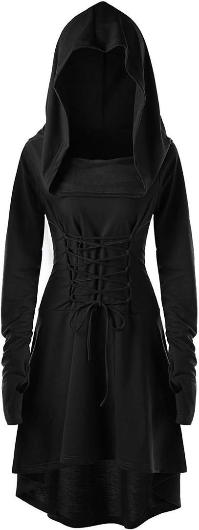 Womens Renaissance Vintage Hooded Costume Dress Lace Up Robe High Waist Dress with Thumb Hole (Small, Black)