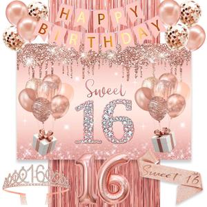 Sweet 16 Birthday Decorations for Girls, banner,Backdrop, its my 16th Birthday Sash, Sweet Rhinestone Tiara Crown,Balloons16th