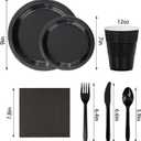 WELLIFE 210 PCS Black Plastic Plates for 30 Guests - Disposable Dinnerware Set Including Dinner Plates, Dessert Plates, 12oz Cups, Cutlery & Napkins, Black Disposable Plates for Party and Birthdays