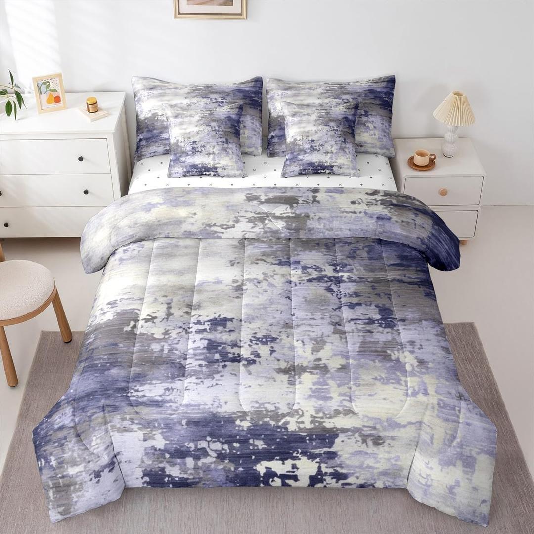 Erosebridal Watercolor Ombre Comforter Set 7 Pcs, Modern Abstract Bedding Set for Girls Boys Kids Teens, Lavender Grey Tie Dye Batik Bed in A Bag, Gradient Grunge Art Bed Sheets (Lavender Grey, Full)