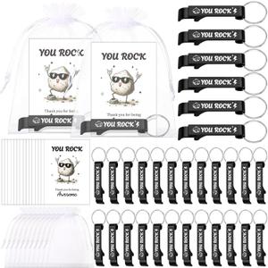 LemonRoad 30 Set Inspirational You Rock Gifts Bottle Opener Keychain with Thank You Card Organza Bag Aluminum Drink Opener Bulk Appreciation Gift for Employee Coworker Wedding Party Favor(Black)