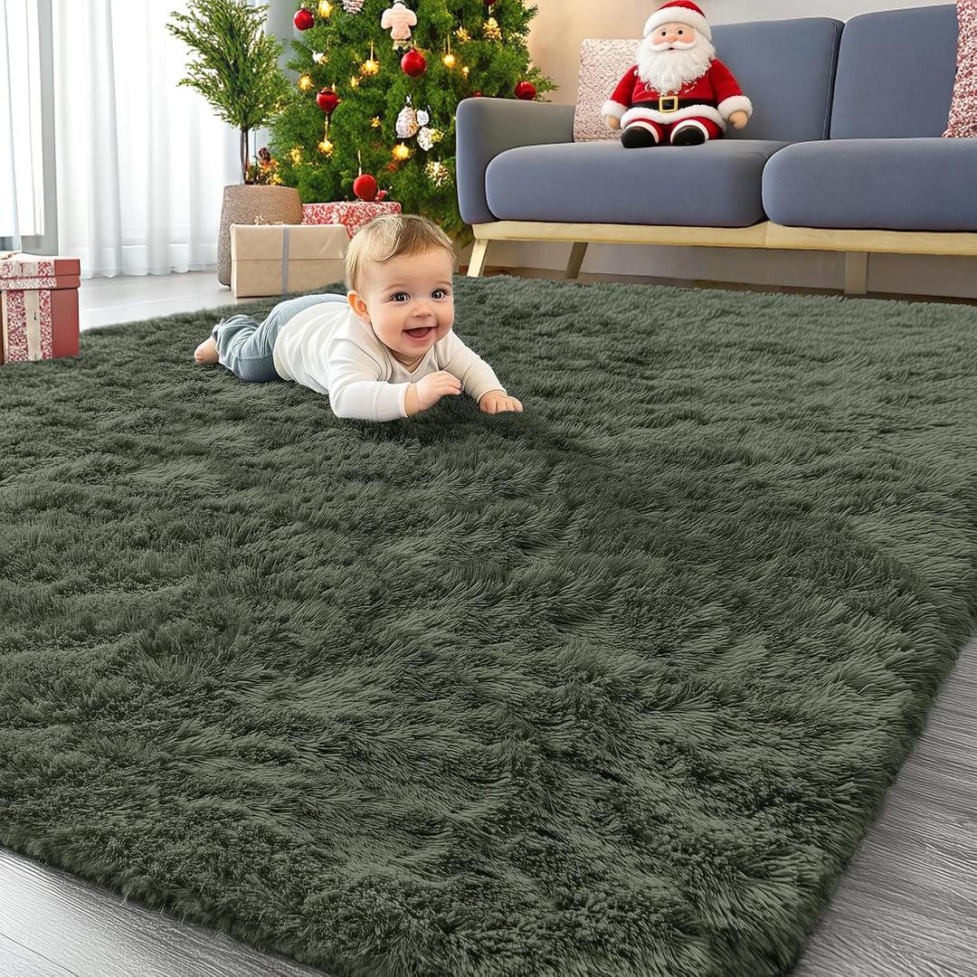 OLANLY 5x7 Machine Washable Large Area Rugs for Living Room, Bedroom, Soft Fluffy Shaggy Bedside Rug, Indoor Floor Carpet for Kids Girls and Boys, Dorms, Nursery, Home Decor Aesthetic, Olive Green