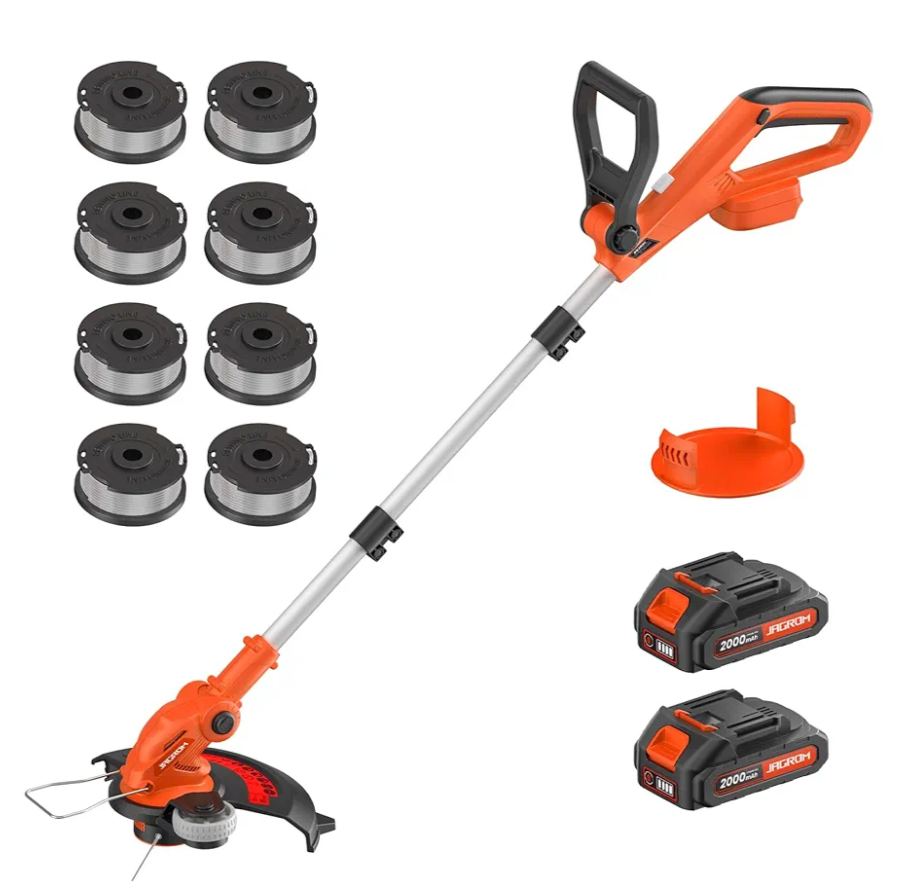 Electric String Trimmer Cordless with 2x2.0Ah Battery, 20V Battery Powered 12-inch Lawn Mover & Edger Lawn Tool with Charger, Powered Grass Trimmer with 8pcs Spool Line for Yard, Garden, Orange