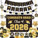 2 x Graduation Decorations Class of 2026, Black and Gold Grad Party Supplies with Congrats Grad Banner, Backdrop, Hanging Swirls, Balloons & Honeycomb for High School & College Graduation