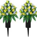 Artificial Cemetery Flowers, Gravesite Decoration Roses, Memorial Bouquets with Cemetery Vase, Vibrant and Long-Lasting Colors (Yellow+White, 2 Bundles)