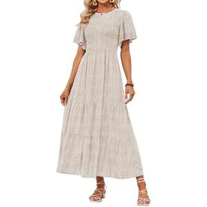 ZESICA Women's 2026 Summer Boho Floral Maxi Dresses Casual Short Flutter Sleeve Smocked Tiered Flowy Dress L