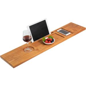 VaeFae Teak Bathtub Tray Table, Wooden Bath Board for Tub with Wine and iPad Holder (34.3" x 7.8" x 0.8")
