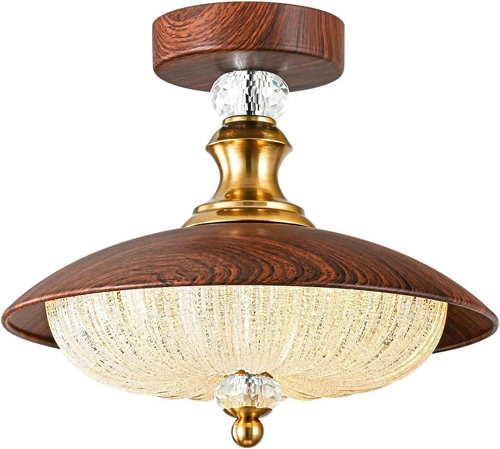 Vintage Crystal Semi-Flush Mount Ceiling Light, 12-Inch Glass Faux Wood Gold Light Fixture, Mid Century Suitable for Dining Room Kitchen Foyer Entryway Hallway Bedroom 5-Light