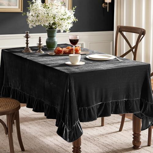 MIULEE Velvet Table Cloth with Decorative Ruffle Edge Luxurious Soft Washable Rectangular Tablecloth Thick Wrinkle-Resistant Oblong Table Cover for Kitchen Dining Party Wedding 60x102 Inch, Black