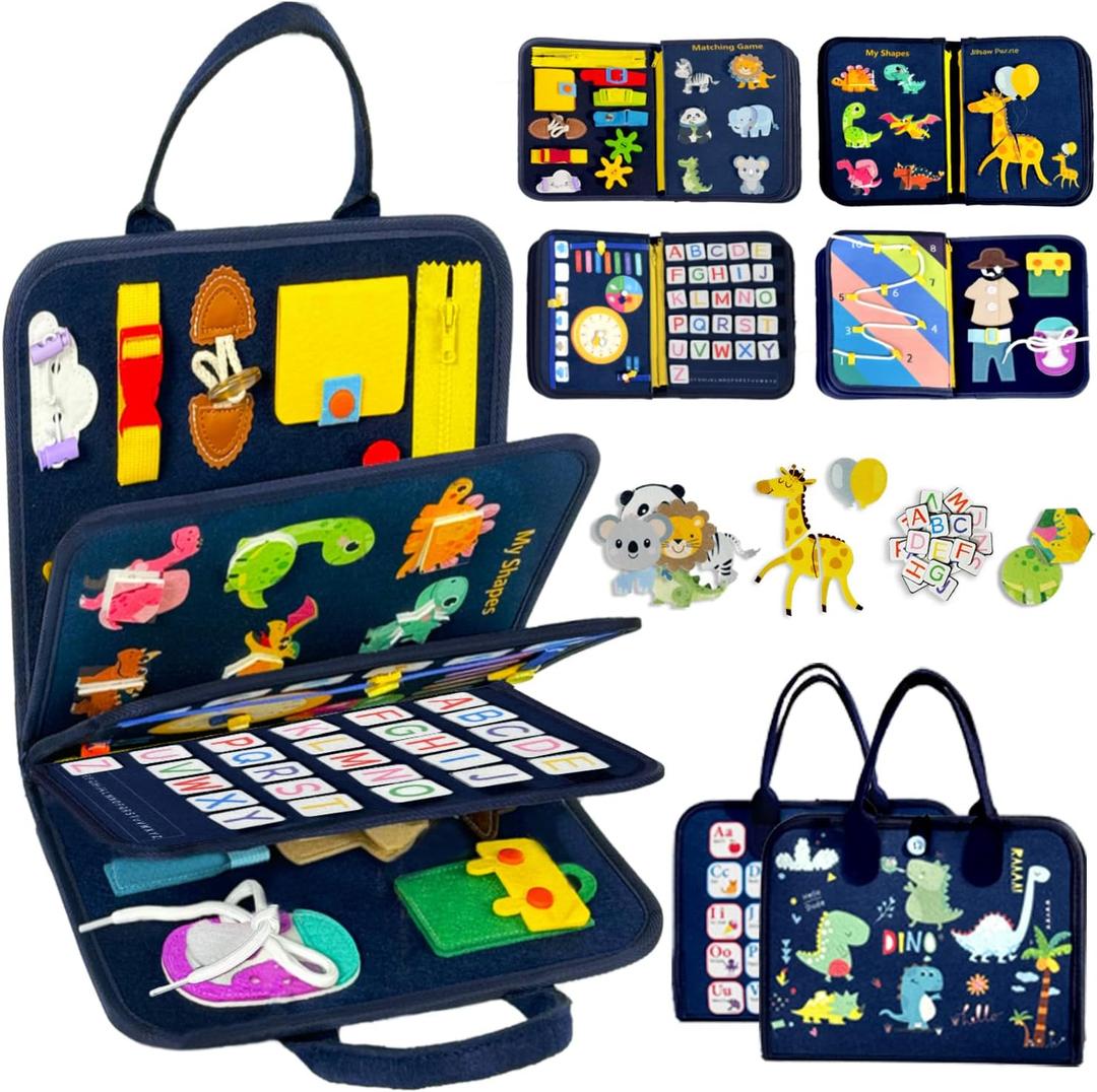 Qizfun Toddler Busy Board Montessori Toys  Sensory Busy Book, Educational Learning Travel Toy for Airplane & Car, Keeps Toddlers Entertained, Birthday Gifts for Toddler Boys Girls (Blue/P8)