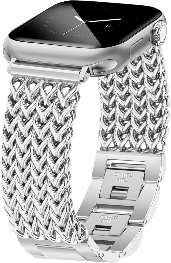 JR.DM Silver Bracelet Band for Women Compatible with Apple Watch 38mm 40mm 41mm 42mm (S10/11) Designer Stainless Steel Metal Chain Dressy Strap for iWatch Series 11/10/9/8/7/6/5/4/SE/3/2/1