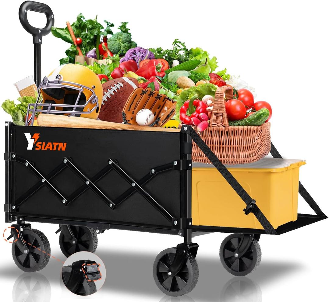 Collapsible Folding Wagon Cart with Tailgate - 300lbs Heavy Duty Foldable Utility Wagon and Brake Wheels - 100L Lightweight Grocery Wagons for Shopping Camping Sports Garden, Black Collapsible Folding Wagon Cart with Tailgate - 300lbs Heavy Duty Foldable Utility Wagon and Brake Wheels - 100L Lightweight Grocery Wagons for Shopping Camping Sports Garden, Black