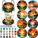 Reallnaive 8 Pcs Beach Paint by Numbers Kit for Adults Summer Coastal Coasters with Holder Palm Trees Sunset Mini Paint by Numbers Round Oil Painting Drink Coaster for Small DIY Craft Birthday Gift