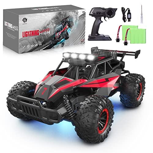 LARVEY 1:16 Scale Remote Control Car, 20 Km/h High Speed Remote Control Truck Off Road RC Monster Vehicle with LED Headlights and Chassis Lights, Electric Toy for Boys Kids and Adults